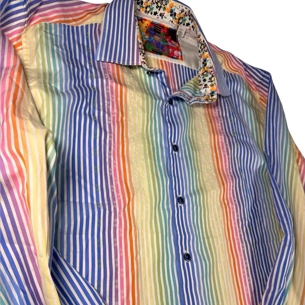 Robert Graham Embroidered Rainbow Striped Button Up Long Sleeve Shirt 2XL